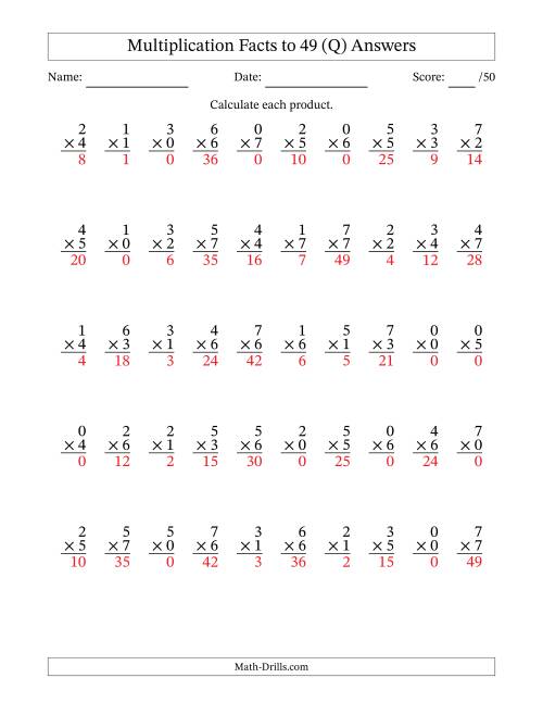 The Multiplication Facts to 49 (50 Questions) (With Zeros) (Q) Math Worksheet Page 2