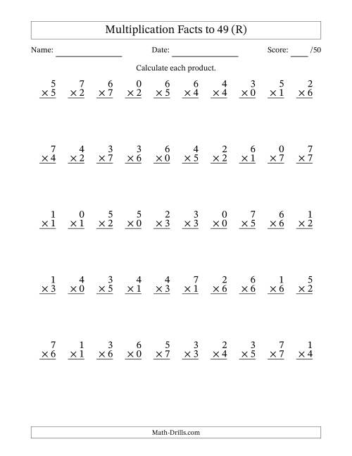 The Multiplication Facts to 49 (50 Questions) (With Zeros) (R) Math Worksheet