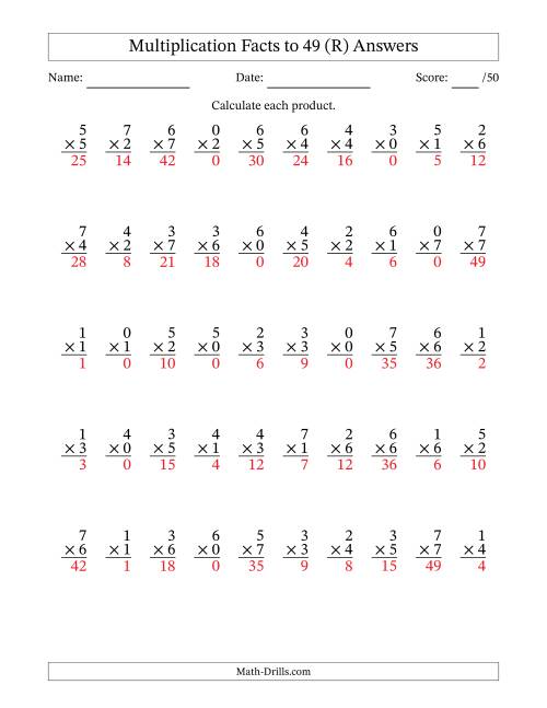 The Multiplication Facts to 49 (50 Questions) (With Zeros) (R) Math Worksheet Page 2