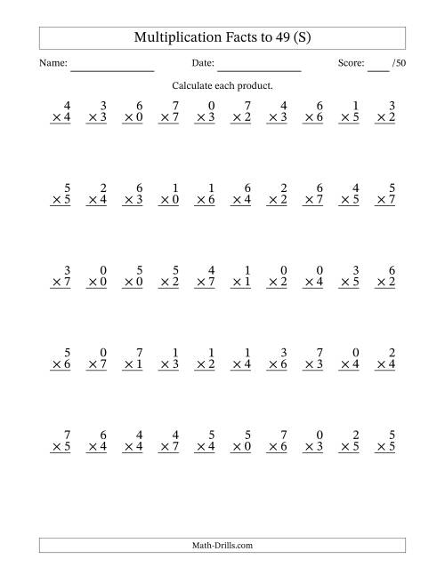 The Multiplication Facts to 49 (50 Questions) (With Zeros) (S) Math Worksheet