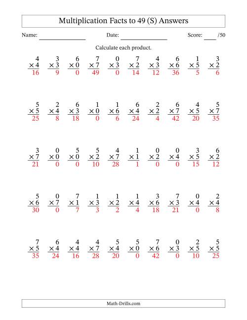 The Multiplication Facts to 49 (50 Questions) (With Zeros) (S) Math Worksheet Page 2