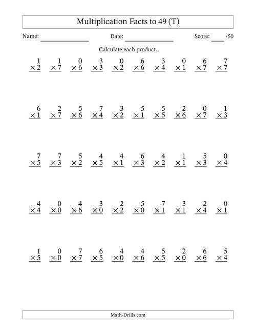 The Multiplication Facts to 49 (50 Questions) (With Zeros) (T) Math Worksheet