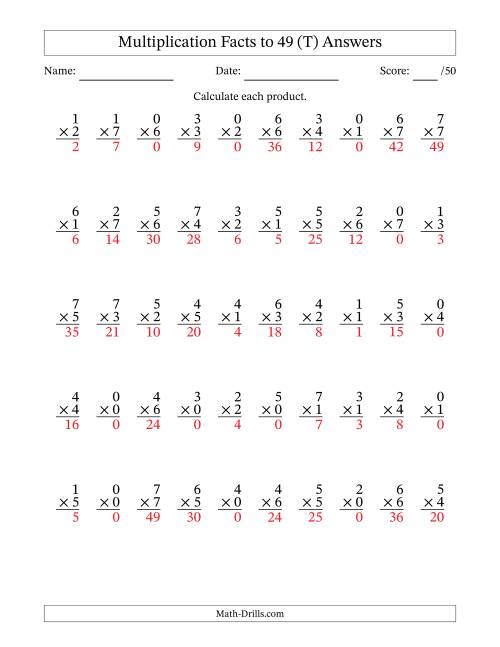 The Multiplication Facts to 49 (50 Questions) (With Zeros) (T) Math Worksheet Page 2