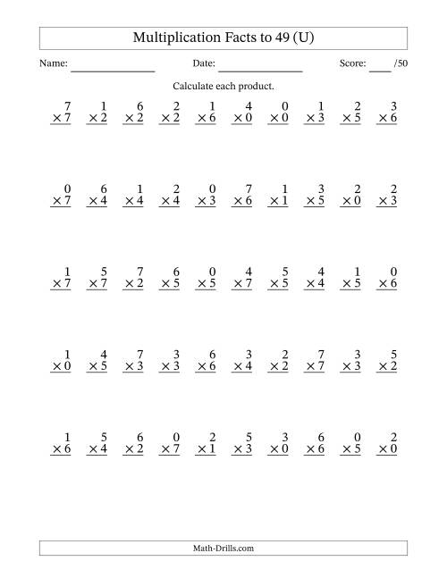 The Multiplication Facts to 49 (50 Questions) (With Zeros) (U) Math Worksheet