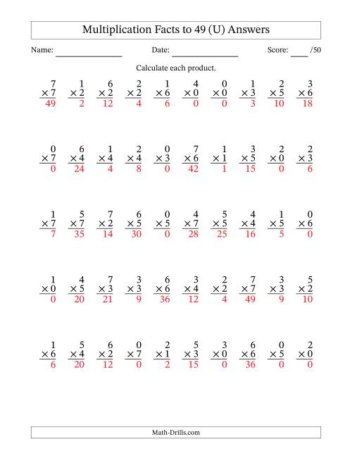 The Multiplication Facts to 49 (50 Questions) (With Zeros) (U) Math Worksheet Page 2