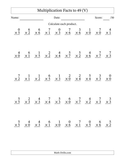 The Multiplication Facts to 49 (50 Questions) (With Zeros) (V) Math Worksheet
