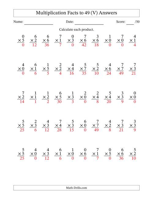 The Multiplication Facts to 49 (50 Questions) (With Zeros) (V) Math Worksheet Page 2