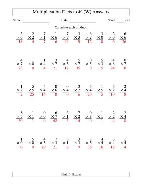The Multiplication Facts to 49 (50 Questions) (With Zeros) (W) Math Worksheet Page 2