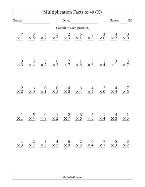 The Multiplication Facts to 49 (50 Questions) (With Zeros) (X) Math Worksheet