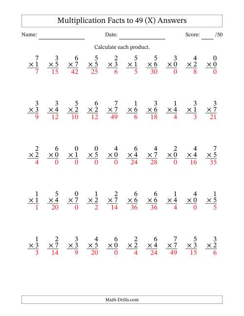 The Multiplication Facts to 49 (50 Questions) (With Zeros) (X) Math Worksheet Page 2