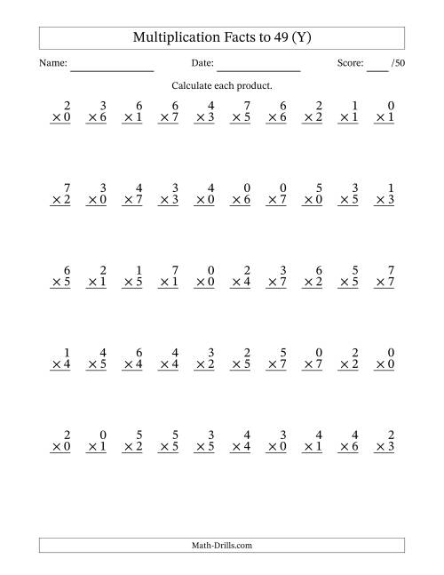 The Multiplication Facts to 49 (50 Questions) (With Zeros) (Y) Math Worksheet