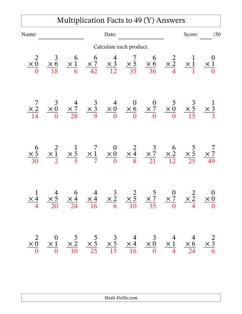 The Multiplication Facts to 49 (50 Questions) (With Zeros) (Y) Math Worksheet Page 2