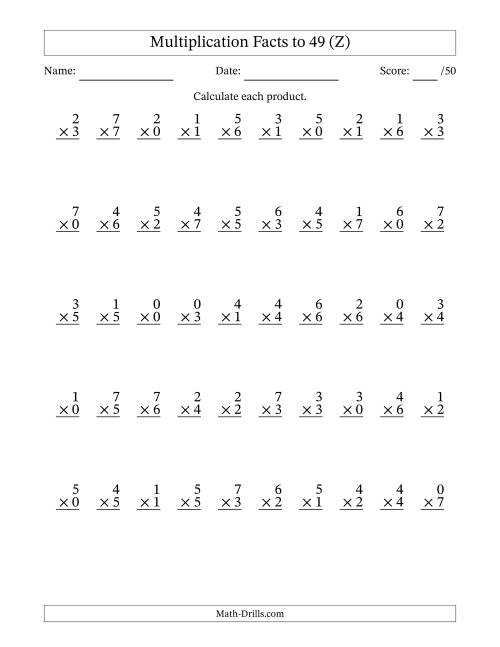 The Multiplication Facts to 49 (50 Questions) (With Zeros) (Z) Math Worksheet