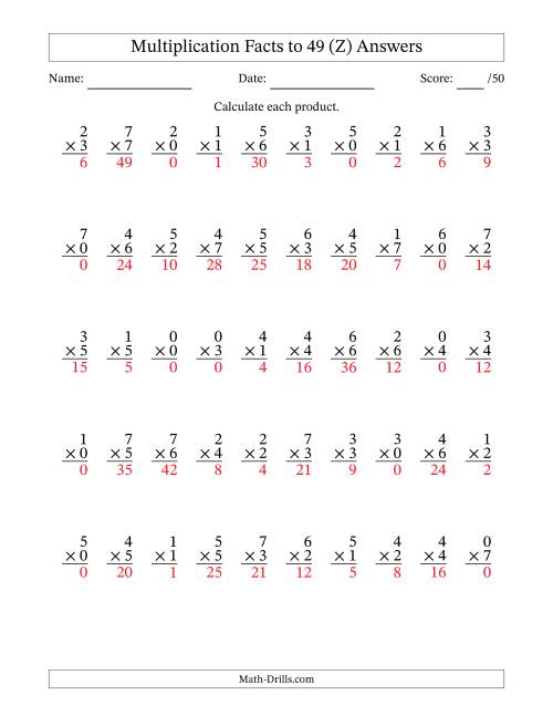 The Multiplication Facts to 49 (50 Questions) (With Zeros) (Z) Math Worksheet Page 2