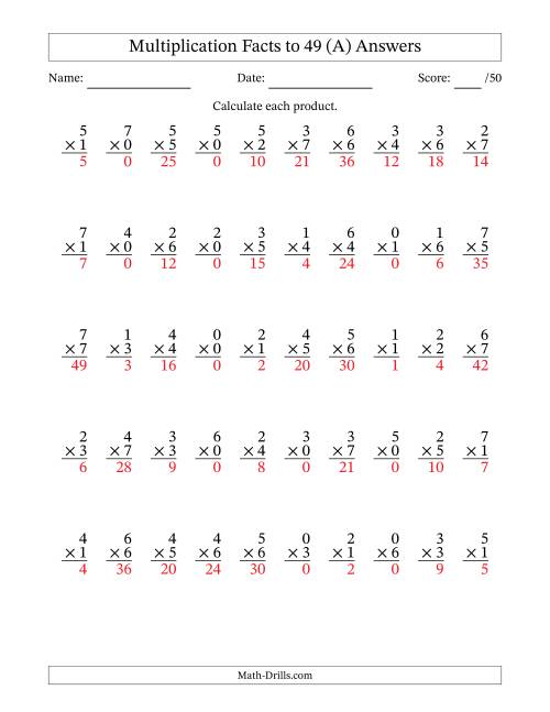 The Multiplication Facts to 49 (50 Questions) (With Zeros) (All) Math Worksheet Page 2