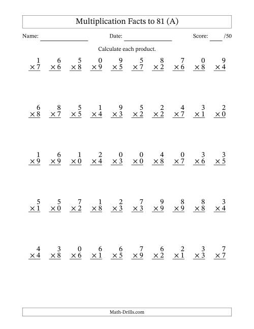 The Multiplication Facts to 81 (50 Questions) (With Zeros) (A) Math Worksheet
