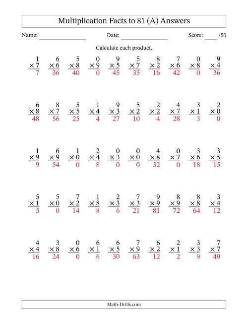 The Multiplication Facts to 81 (50 Questions) (With Zeros) (A) Math Worksheet Page 2