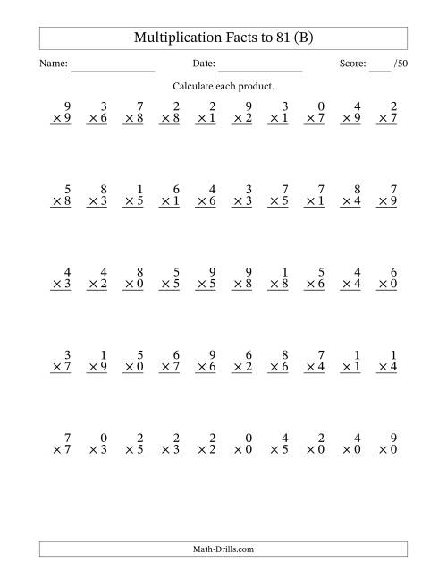 The Multiplication Facts to 81 (50 Questions) (With Zeros) (B) Math Worksheet