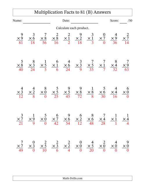 The Multiplication Facts to 81 (50 Questions) (With Zeros) (B) Math Worksheet Page 2