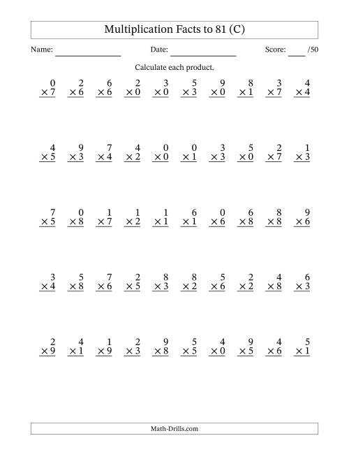 The Multiplication Facts to 81 (50 Questions) (With Zeros) (C) Math Worksheet