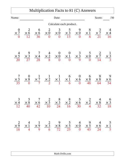 The Multiplication Facts to 81 (50 Questions) (With Zeros) (C) Math Worksheet Page 2