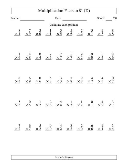 The Multiplication Facts to 81 (50 Questions) (With Zeros) (D) Math Worksheet