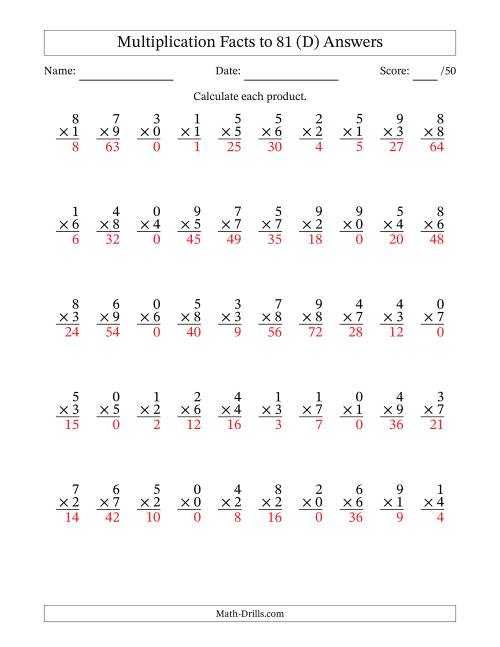 The Multiplication Facts to 81 (50 Questions) (With Zeros) (D) Math Worksheet Page 2