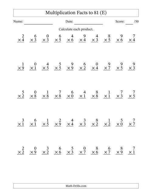 The Multiplication Facts to 81 (50 Questions) (With Zeros) (E) Math Worksheet