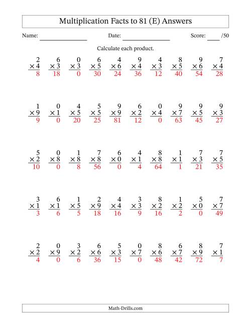 The Multiplication Facts to 81 (50 Questions) (With Zeros) (E) Math Worksheet Page 2