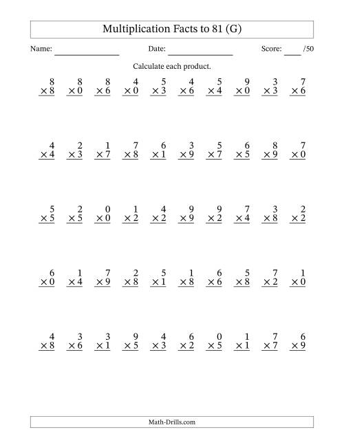 The Multiplication Facts to 81 (50 Questions) (With Zeros) (G) Math Worksheet