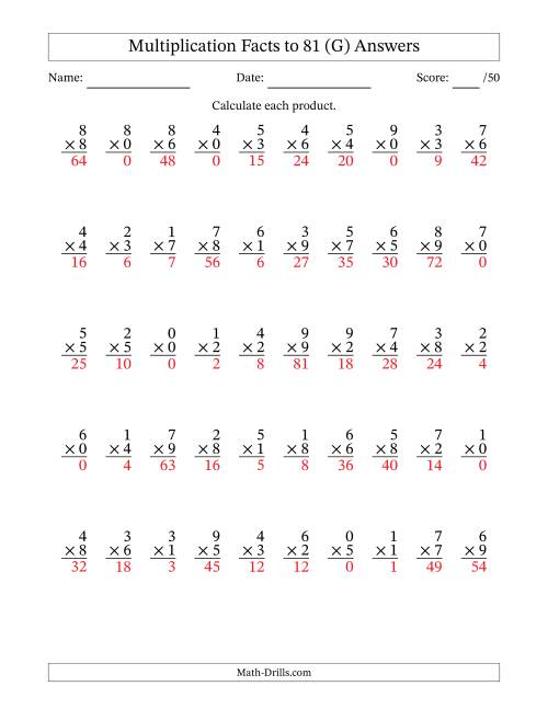 The Multiplication Facts to 81 (50 Questions) (With Zeros) (G) Math Worksheet Page 2