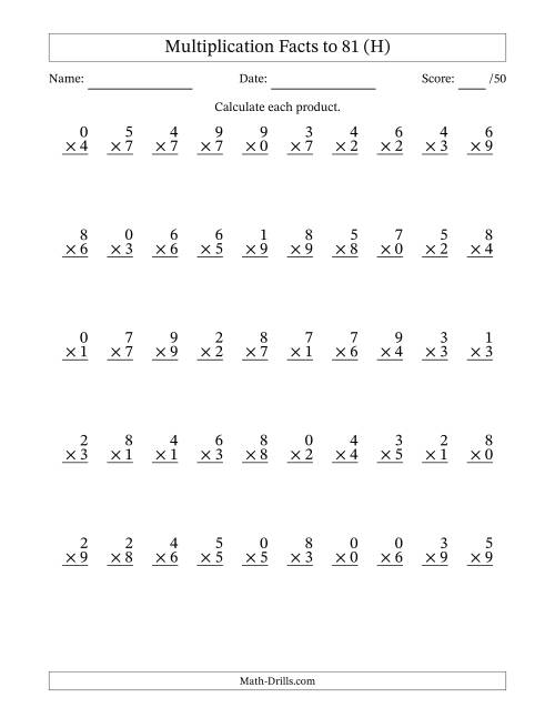 The Multiplication Facts to 81 (50 Questions) (With Zeros) (H) Math Worksheet