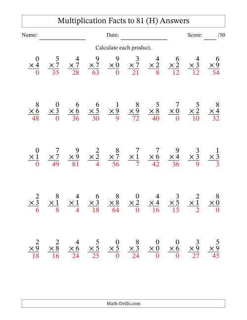 The Multiplication Facts to 81 (50 Questions) (With Zeros) (H) Math Worksheet Page 2