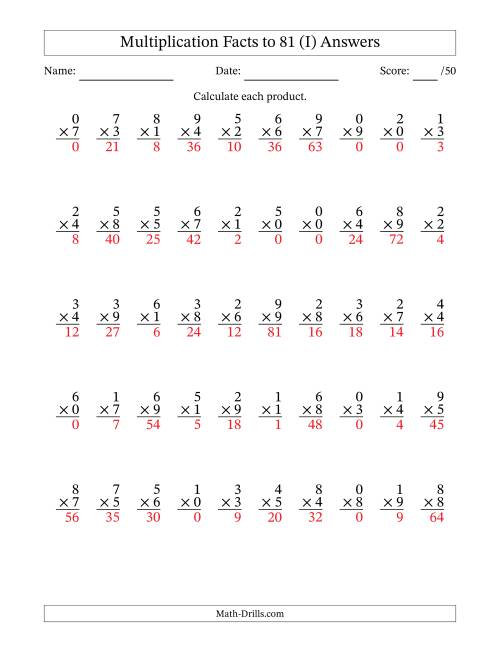 The Multiplication Facts to 81 (50 Questions) (With Zeros) (I) Math Worksheet Page 2