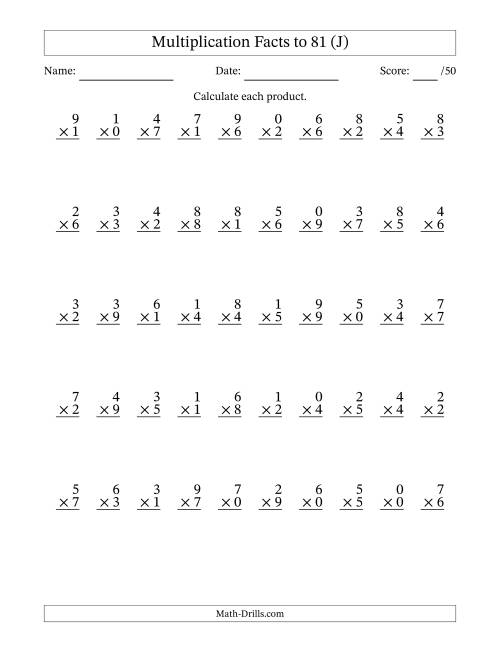 The Multiplication Facts to 81 (50 Questions) (With Zeros) (J) Math Worksheet