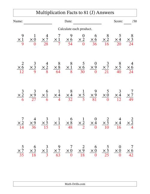 The Multiplication Facts to 81 (50 Questions) (With Zeros) (J) Math Worksheet Page 2