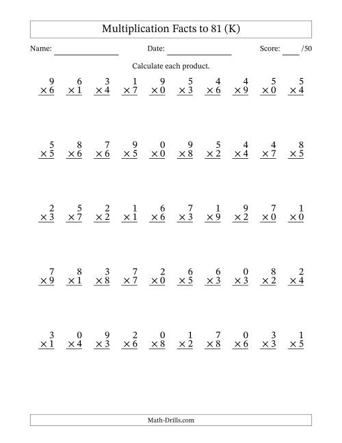 The Multiplication Facts to 81 (50 Questions) (With Zeros) (K) Math Worksheet