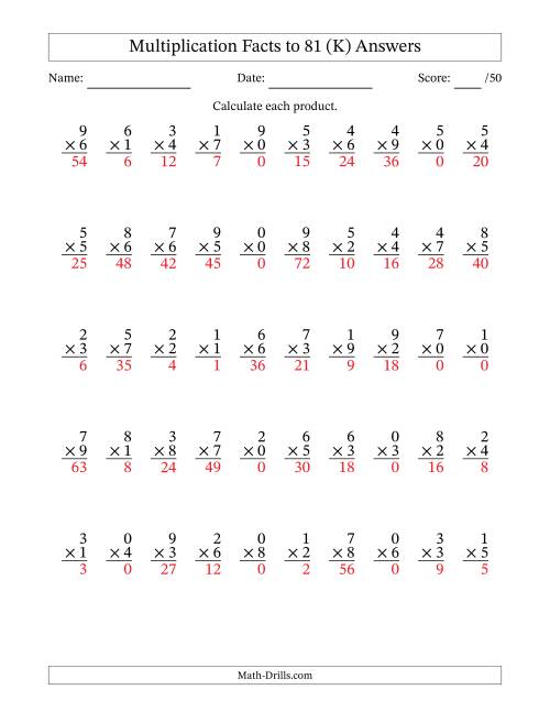 The Multiplication Facts to 81 (50 Questions) (With Zeros) (K) Math Worksheet Page 2