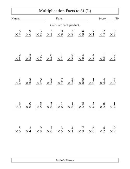 The Multiplication Facts to 81 (50 Questions) (With Zeros) (L) Math Worksheet