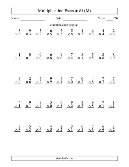 The Multiplication Facts to 81 (50 Questions) (With Zeros) (M) Math Worksheet