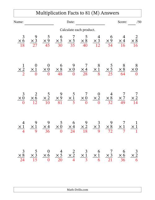 The Multiplication Facts to 81 (50 Questions) (With Zeros) (M) Math Worksheet Page 2