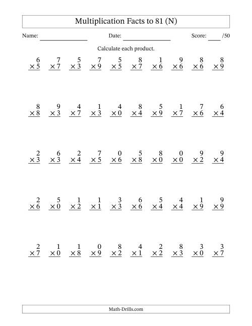 The Multiplication Facts to 81 (50 Questions) (With Zeros) (N) Math Worksheet