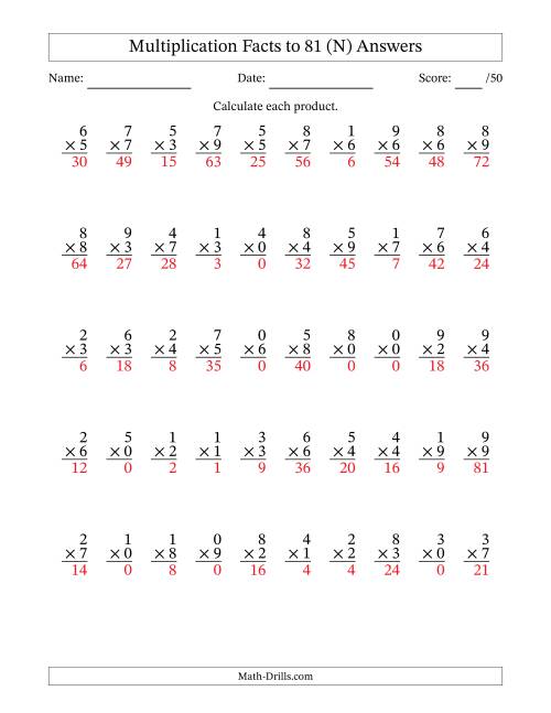 The Multiplication Facts to 81 (50 Questions) (With Zeros) (N) Math Worksheet Page 2