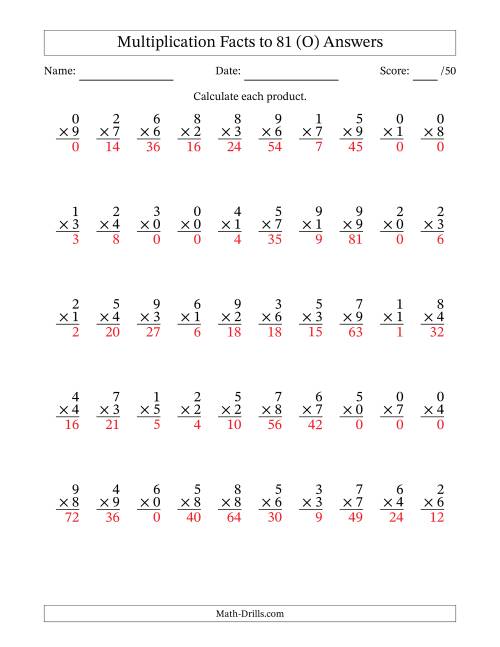 The Multiplication Facts to 81 (50 Questions) (With Zeros) (O) Math Worksheet Page 2