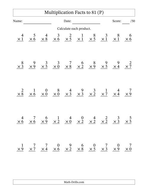 The Multiplication Facts to 81 (50 Questions) (With Zeros) (P) Math Worksheet