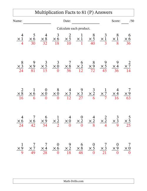 The Multiplication Facts to 81 (50 Questions) (With Zeros) (P) Math Worksheet Page 2