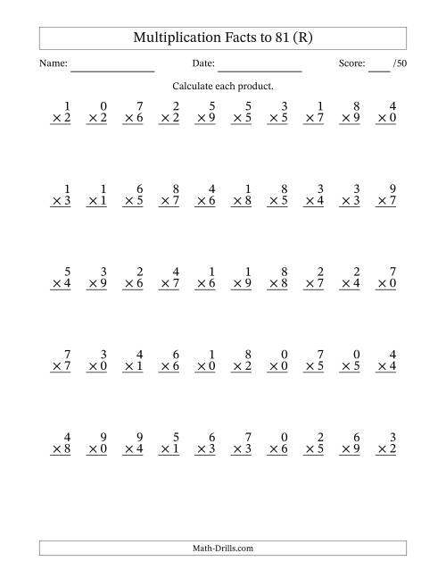 The Multiplication Facts to 81 (50 Questions) (With Zeros) (R) Math Worksheet