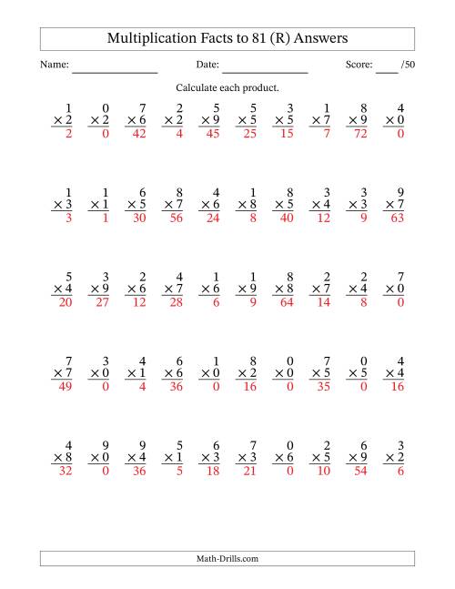 The Multiplication Facts to 81 (50 Questions) (With Zeros) (R) Math Worksheet Page 2