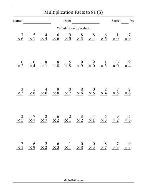 The Multiplication Facts to 81 (50 Questions) (With Zeros) (S) Math Worksheet