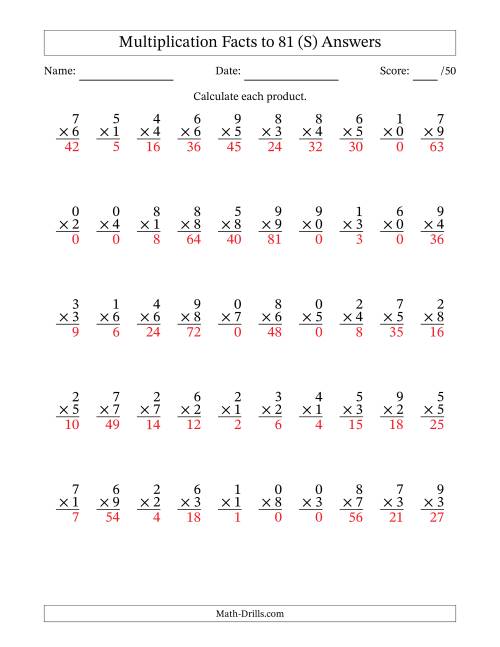 The Multiplication Facts to 81 (50 Questions) (With Zeros) (S) Math Worksheet Page 2